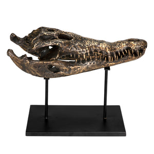 Noir Brass Alligator Sculpture on Iron Stand - Elegant Antique Finish for Home, Office, or Gallery Display AB-83L