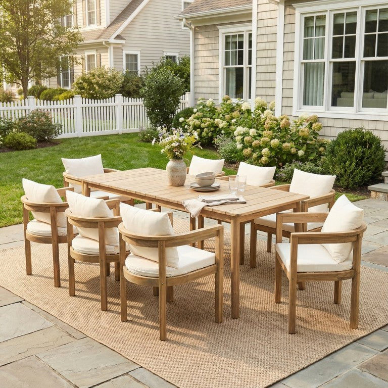 English Elm Abaco Outdoor Acacia Wood Dining Set Seats Eight with Ergonomic Chairs and Cushions 9 Piece Beige, Oiled Teak Finish ABACO9PCDSETG