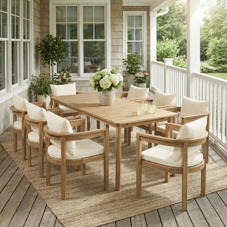 English Elm Abaco Outdoor Acacia Wood Dining Set Seats Eight with Ergonomic Chairs and Cushions 9 Piece Beige, Oiled Teak Finish ABACO9PCDSETG