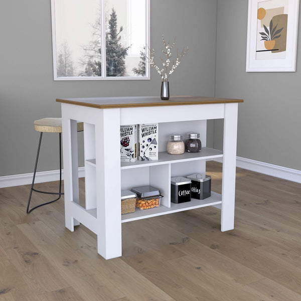 English Elm Kitchen Island Table With 3 Open Storage Shelves, 35" Height, White/Walnut Finish For Modern Homes B097132970