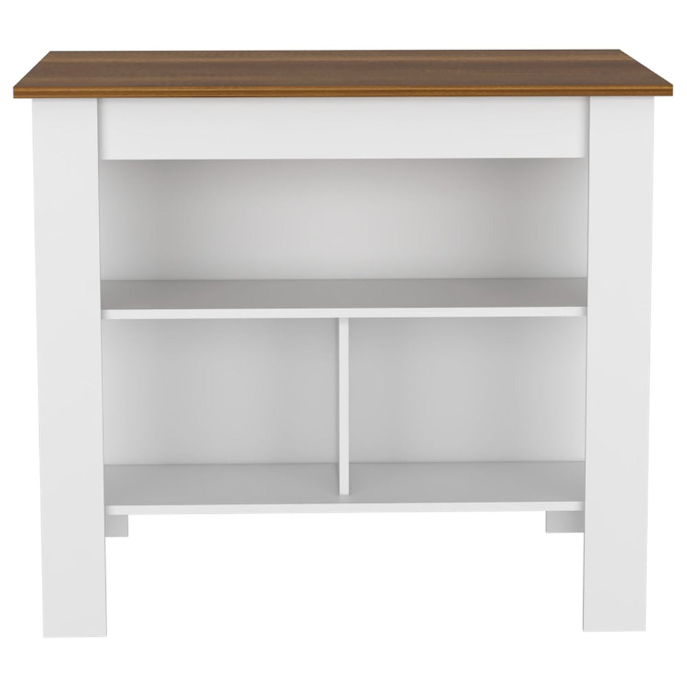 English Elm Kitchen Island Table With 3 Open Storage Shelves, 35" Height, White/Walnut Finish For Modern Homes B097132970