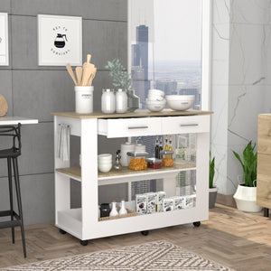 English Elm Cala Kitchen Island With Casters, Two Drawers & Open Shelf - Modern White & Light Oak Design B07092031