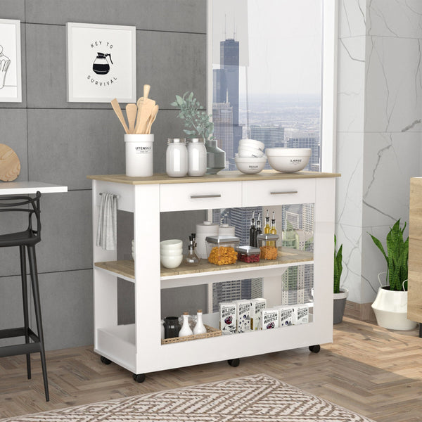 English Elm Cala Kitchen Island With Six Casters, Two Drawers & Open Shelving - Modern White & Light Oak Design B20092031