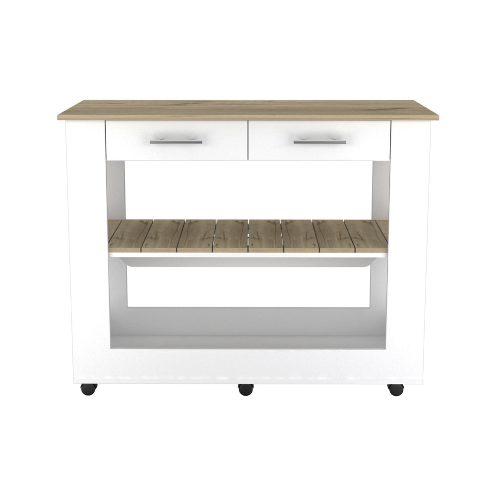 English Elm Cala Kitchen Island With Casters, Two Drawers & Open Shelf - Modern White & Light Oak Design B07092031