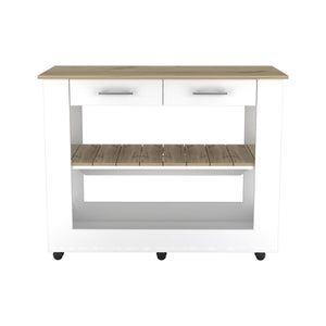English Elm Cala Kitchen Island With Casters, Two Drawers & Open Shelf - Modern White & Light Oak Design B07092031