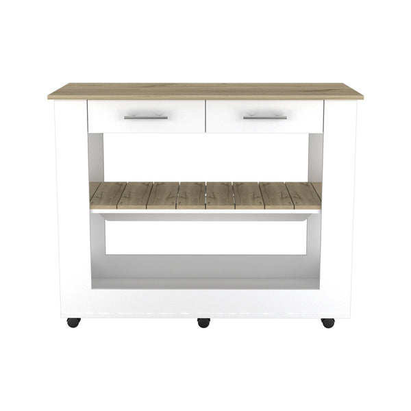 English Elm Cala Kitchen Island With Six Casters, Two Drawers & Open Shelving - Modern White & Light Oak Design B20092031