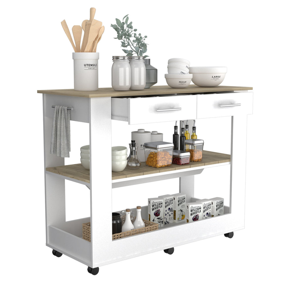 English Elm Cala Kitchen Island With Casters, Two Drawers & Open Shelf - Modern White & Light Oak Design B07092031