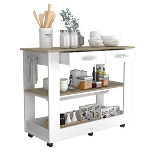 English Elm Cala Kitchen Island With Six Casters, Two Drawers & Open Shelving - Modern White & Light Oak Design B20092031