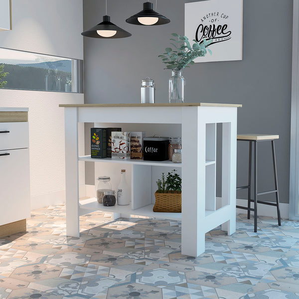 English Elm Cala Kitchen island with wide prep top, stool-friendly legroom and three open shelves for storage and organization Multicolor 45.6 L x 32.7 W x 4.3 H B20092010