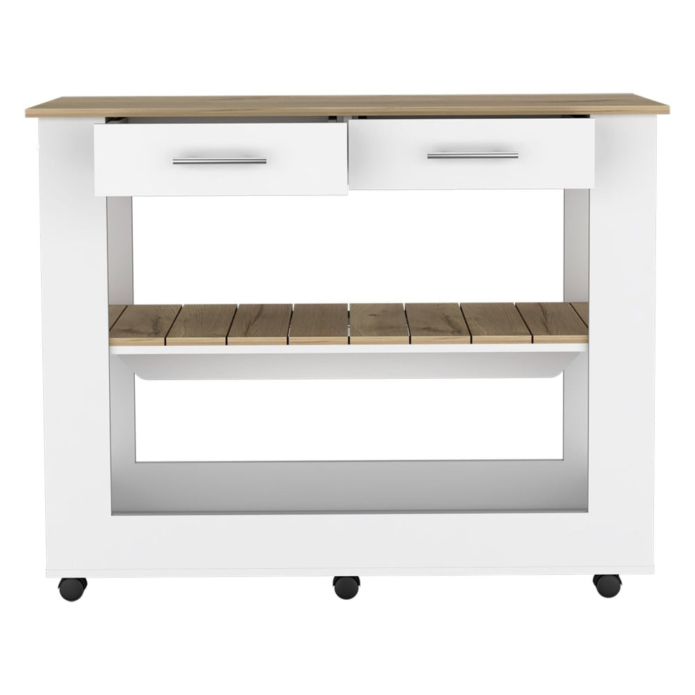 English Elm Kitchen Island 36" H – Mobile Storage Solution With Drawers, Shelves, Towel Hanger, White/Oak Finish B097132962