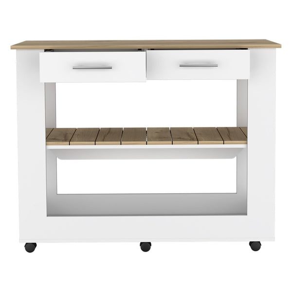 English Elm Kitchen Island 36" H – Mobile Storage Solution With Drawers, Shelves, Towel Hanger, White/Oak Finish B097132962