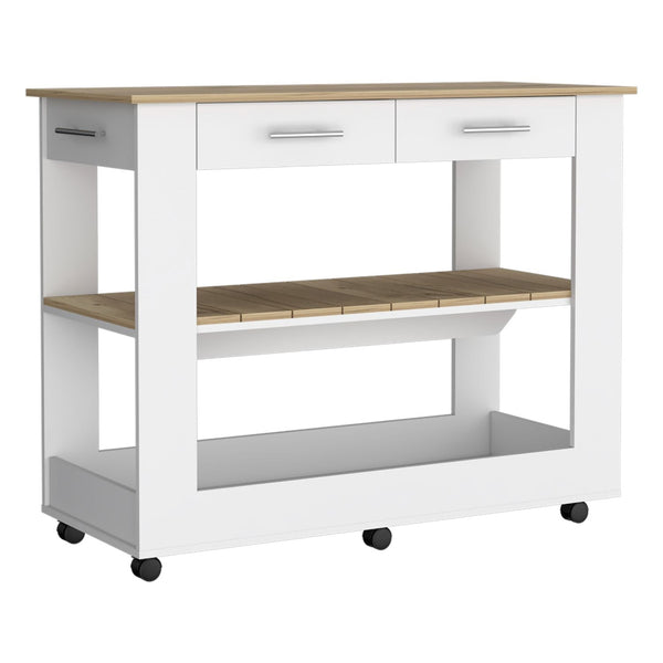 English Elm Kitchen Island 36" H – Mobile Storage Solution With Drawers, Shelves, Towel Hanger, White/Oak Finish B097132962