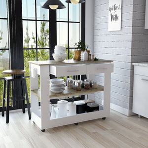 English Elm Kitchen Island 36" H – Mobile Storage Solution With Drawers, Shelves, Towel Hanger, White/Oak Finish B097132962