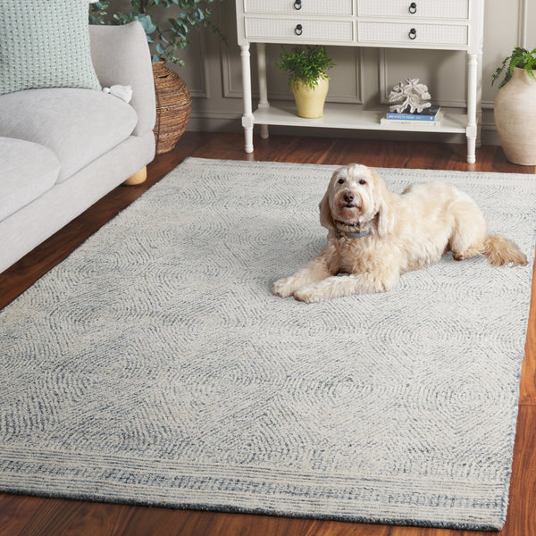 Safavieh Abstract Hand-Tufted Wool Oval Rug In Ivory And Blue — Scandinavian Abstract Motif, Low-Profile Durable Texture 6'-0" x 8'-0" ABT340M-68OV