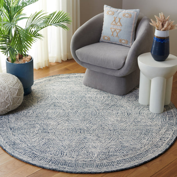 Safavieh Abstract Hand-Tufted Wool Rug In Ivory And Navy — Minimal Geometric Design, Low-Profile Soft Comfort 8'-0" x 8'-0" ABT340N-8SQ