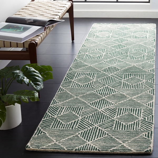 Safavieh Abstract Modern Blue Ivory Geometric Runner Rug 2'-3" X 14' - Luxurious, Durable, Non-slip Design Dark Green ,Ivory 80% Wool,20% Cotton Abt763w-214
