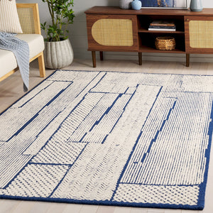 Safavieh Abstract Handcrafted Area Rug - Luxurious Wool Pile, Modern Design For Elegant Home Decor And Comfort Ivory ,Navy Wool Pile Abt776a-6