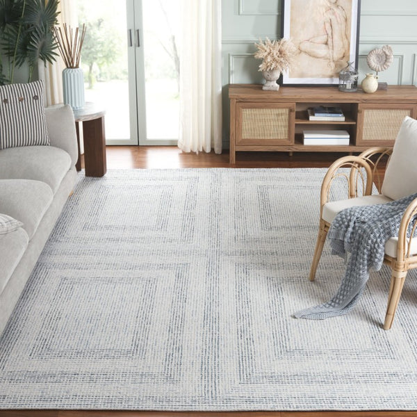 Safavieh Abstract Hand Tufted Wool Cotton Runner Rug with Geometric Ivory Blue Pattern for Hallways 8'-0" x 10'-0" ABT928M-8