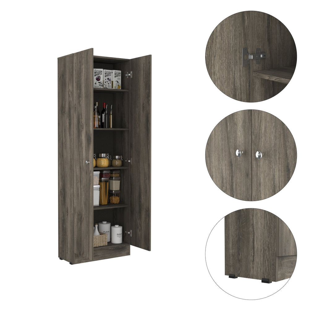 English Elm Multistorage tall pantry cabinet with five adjustable shelves, sleek double doors, hidden hinges and knobs ideal for kitchen, laundry or garage organization Dark Brown 78 L x 17.3 W x 5.1 H B20092038