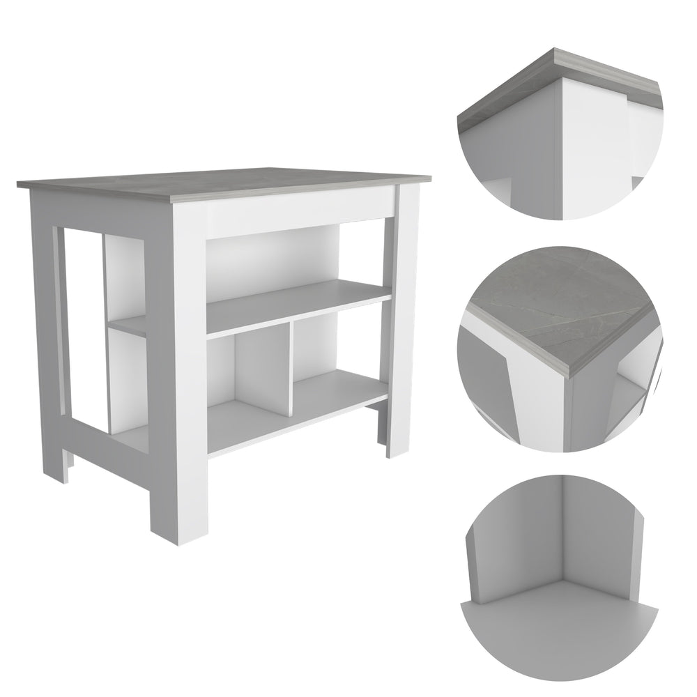 English Elm Cala Kitchen Island - Modern White & Ibiza Marble Prep Station With 3 Shelves & Seating Space B20092009