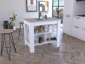 English Elm Cala Kitchen Island - Modern White & Ibiza Marble Design With 3 Shelves For Storage & Seating B07092009