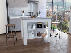 English Elm Kitchen Island Table With 3 Open Shelves, 35" Height, White & Ibiza Marble Top For Modern Kitchens B097132967