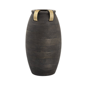Atlas Barone Ebonized Mango Wood Sculptural Vase with Ridged Brass Cuffs for Modern Decor Large AC11074-01