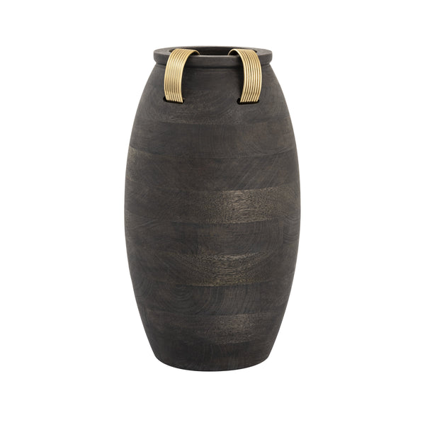 Atlas Barone Ebonized Mango Wood Sculptural Vase with Ridged Brass Cuffs for Modern Decor Large AC11074-01