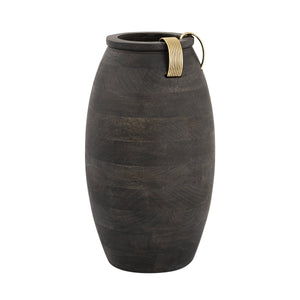 Atlas Barone Ebonized Mango Wood Sculptural Vase with Ridged Brass Cuffs for Modern Decor Large AC11074-01