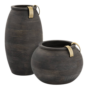 Atlas Barone Ebonized Mango Wood Sculptural Vase with Ridged Brass Cuffs for Modern Decor Large AC11074-01