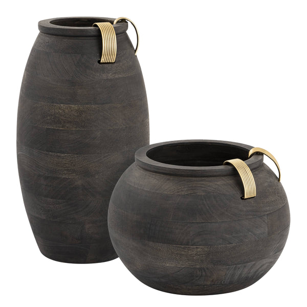 Atlas Barone Ebonized Mango Wood Sculptural Vase with Ridged Brass Cuffs for Modern Decor Large AC11074-01