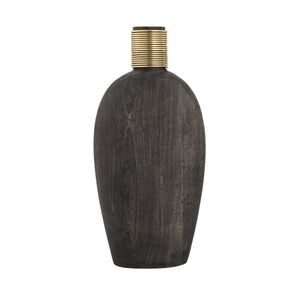 Atlas Barone Ebonized Mango Wood Sculptural Vase with Ridged Brass Cuffs for Modern Decor Medium AC11075-01