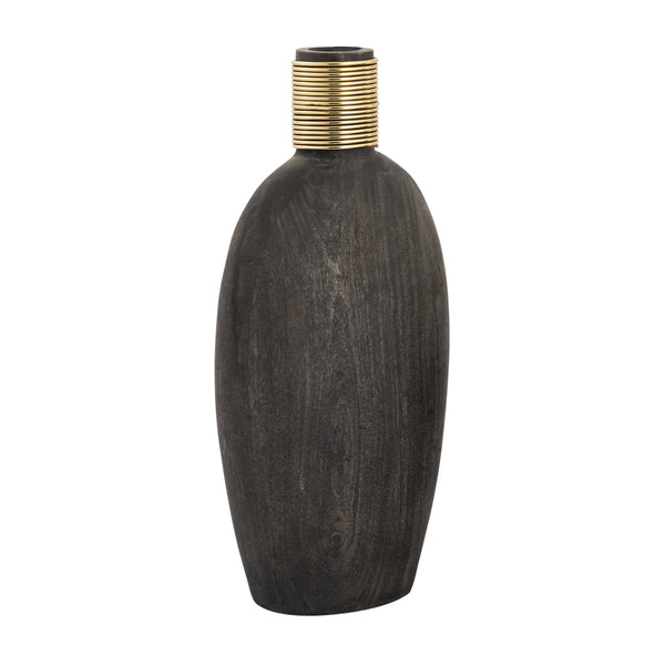 Atlas Barone Ebonized Mango Wood Sculptural Vase with Ridged Brass Cuffs for Modern Decor Medium AC11075-01