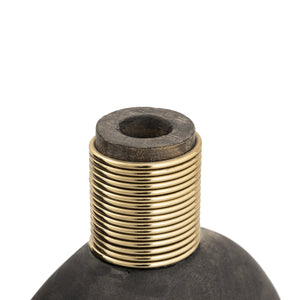 Atlas Barone Ebonized Mango Wood Sculptural Vase with Ridged Brass Cuffs for Modern Decor Medium AC11075-01