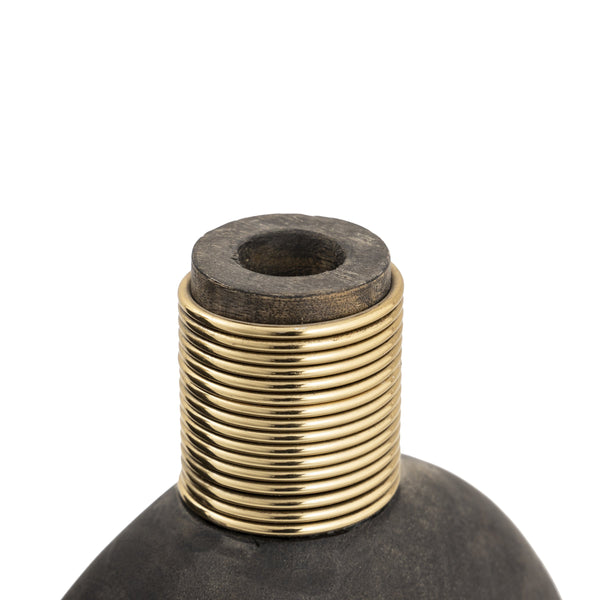Atlas Barone Ebonized Mango Wood Sculptural Vase with Ridged Brass Cuffs for Modern Decor Medium AC11075-01