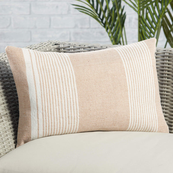 Jaipur Living Jaipur Living Carinda Ticking Stripe Lumbar Pillow Pet Yarn Outdoor Patio Accent Tan PLW103796