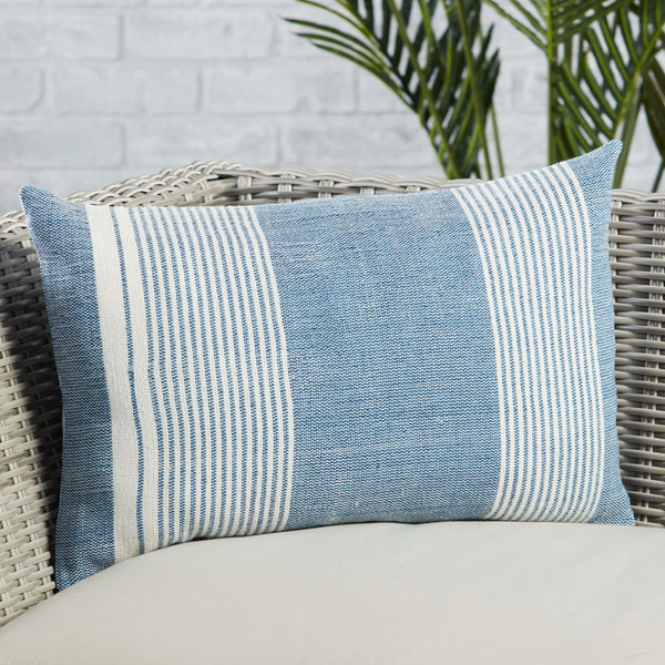 Jaipur Living Jaipur Living Carinda Ticking Stripe Lumbar Pillow Pet Yarn Outdoor Patio Accent Blue PLW103798