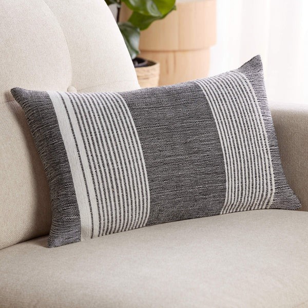 Jaipur Living Jaipur Living Carinda Handcrafted Ticking Stripe Lumbar Pillow for Coastal Outdoor Spaces Black Down Fill PLW104033