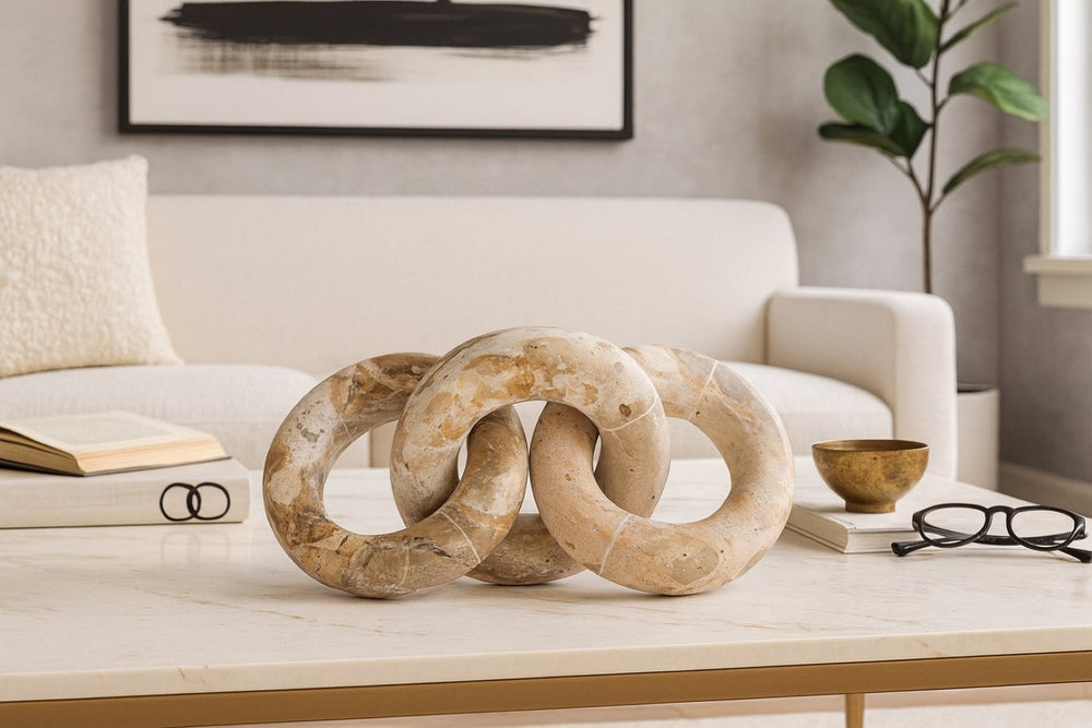Meridian Furniture Rings Genuine Marble Sculptural Chain Link Handcrafted Art Deco Tabletop Accent Object Beige ACC102-Beige