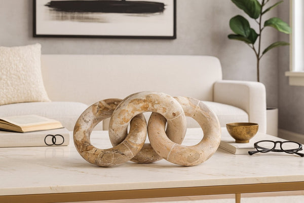 Meridian Furniture Rings Genuine Marble Sculptural Chain Link Handcrafted Art Deco Tabletop Accent Object Beige ACC102-Beige