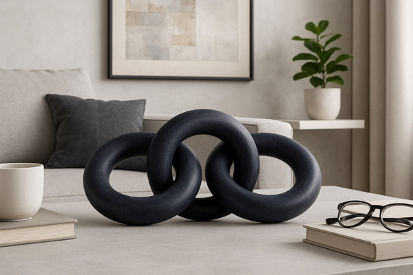 Meridian Furniture Rings Genuine Marble Sculptural Chain Link Handcrafted Art Deco Tabletop Accent Object Black ACC102-Black