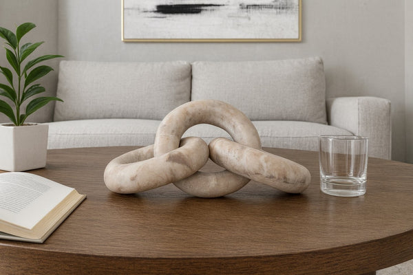 Meridian Furniture Rings Genuine Marble Sculptural Chain Link Handcrafted Art Deco Tabletop Accent Object Brown ACC102-Brown