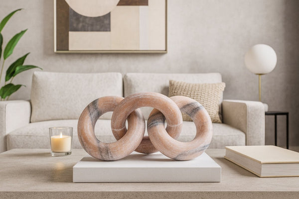 Meridian Furniture Rings Genuine Marble Sculptural Chain Link Handcrafted Art Deco Tabletop Accent Object Pink ACC102-Pink