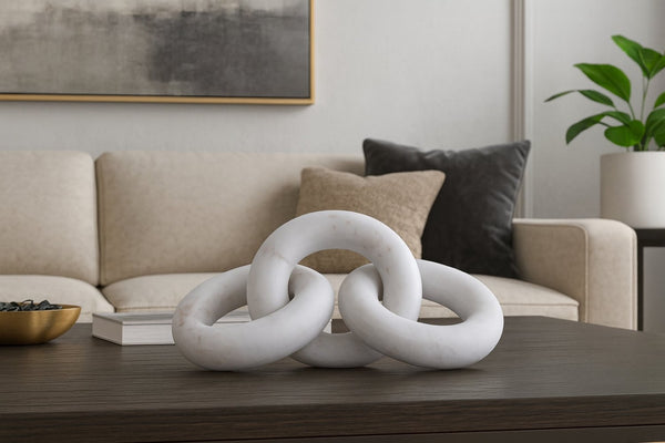 Meridian Furniture Rings Genuine Marble Sculptural Chain Link Handcrafted Art Deco Tabletop Accent Object White ACC102-White