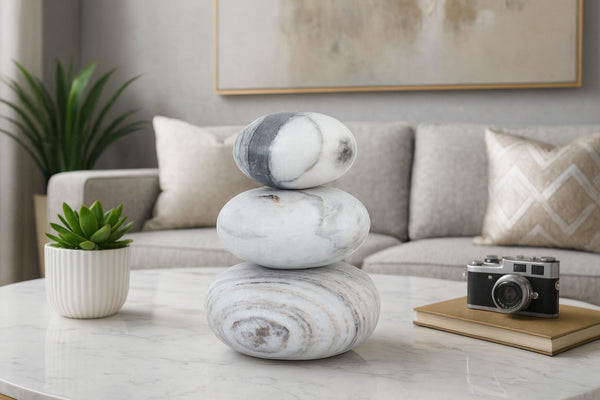 Meridian Furniture Pumpkin Form Marble Sculptural Set of Three Organic Stone Tabletop Decorative Accents Panda ACC103-Panda