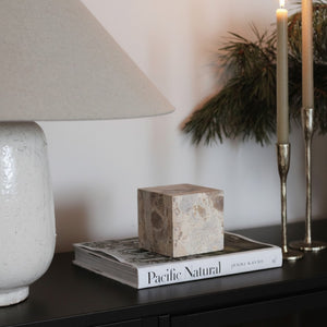 Meridian Furniture Block Genuine Stone Sculptural Cube Accent with Natural Veining for Shelves and Tabletops Beige Genuine Marble ACC104-Beige