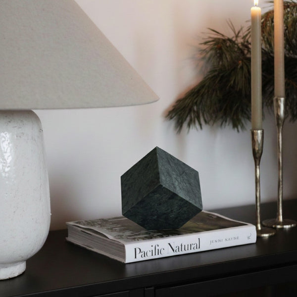 Meridian Furniture Block Genuine Stone Sculptural Cube Accent with Natural Veining for Shelves and Tabletops Green Genuine Marble ACC104-Green