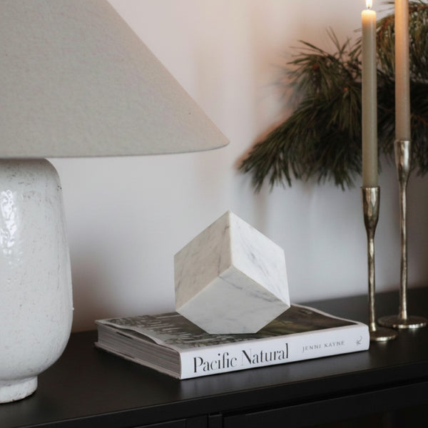 Meridian Furniture Block Genuine Stone Sculptural Cube Accent with Natural Veining for Shelves and Tabletops White Genuine Marble ACC104-White