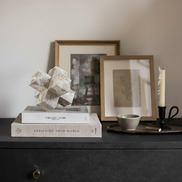 Meridian Furniture Jack Sculptural Stone Accent Piece with Natural Veining Geometric Form for Stylish Tabletop Decor Beige Genuine Marble ACC105-Beige