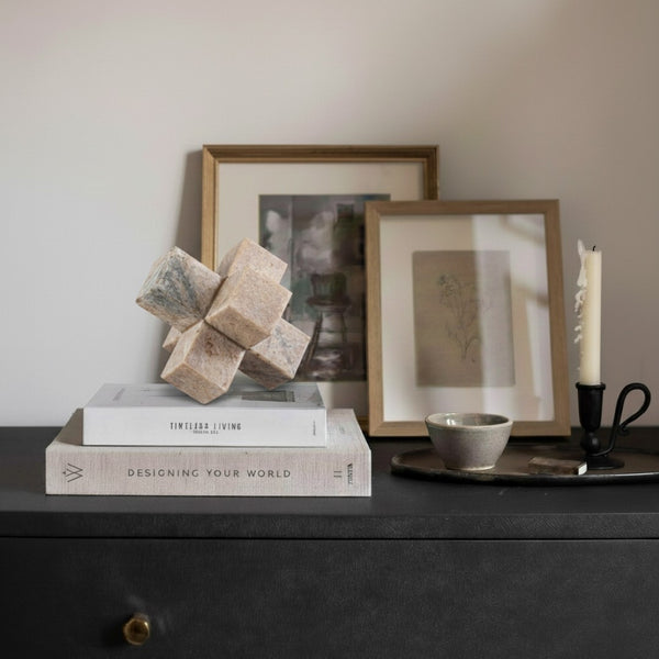 Meridian Furniture Jack Sculptural Stone Accent Piece with Natural Veining Geometric Form for Stylish Tabletop Decor Pink Genuine Marble ACC105-Pink